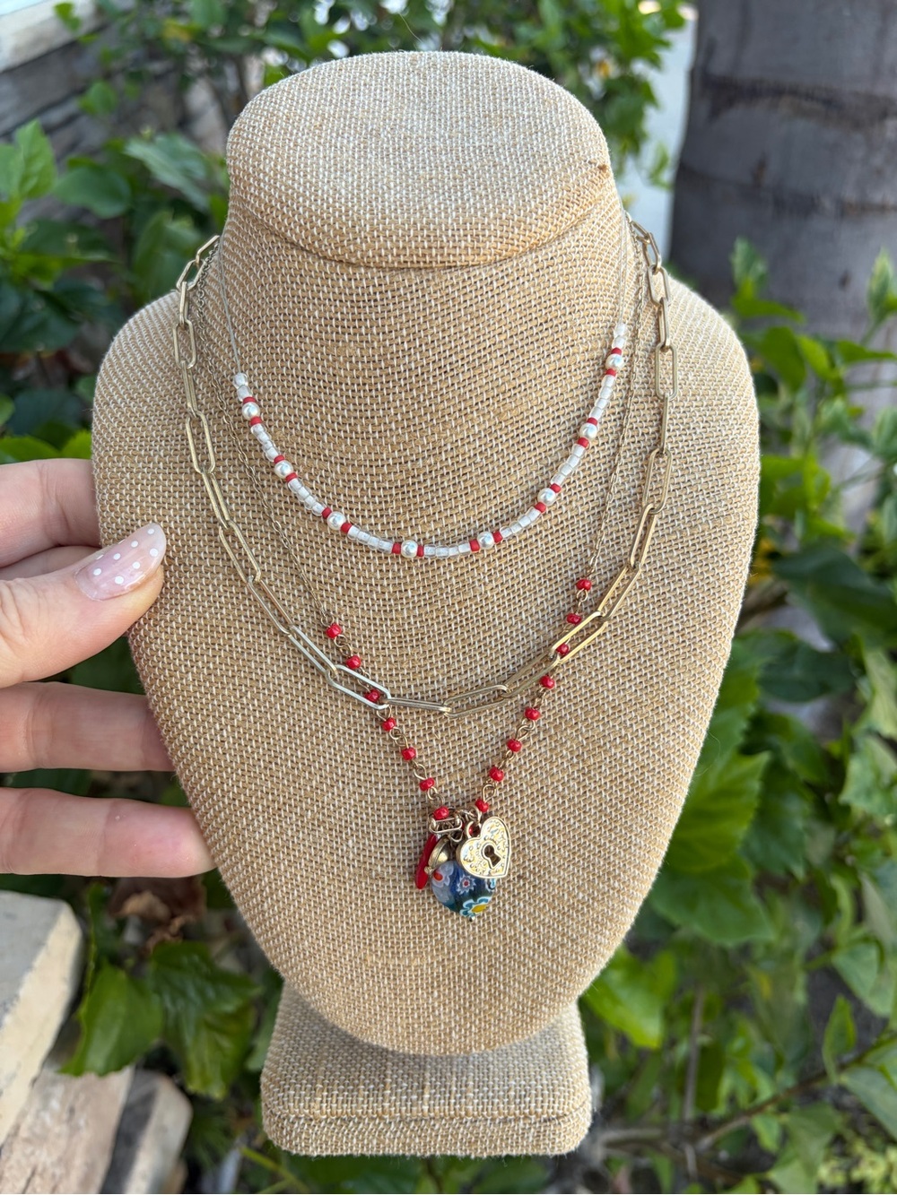 Free People boho 3 Layer Stack Gold Chain Charm Necklace Red Bead Heart Charm